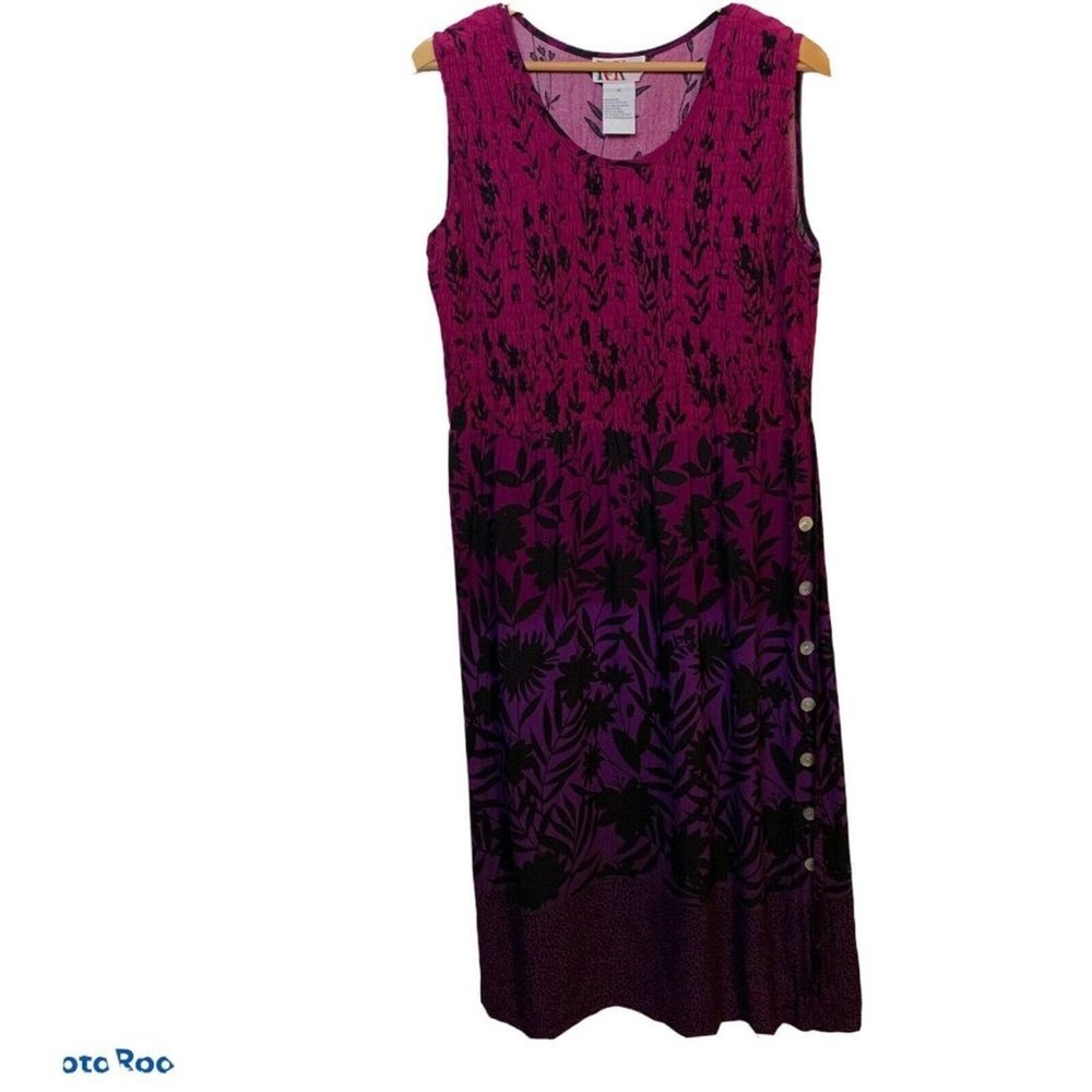 Hawaiian Maxi Dress L XL 16  Vintage 90s Smocked Pink Purple Black Button Detail
